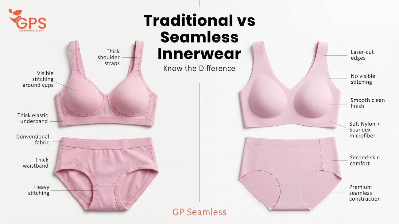 Infographic comparing traditional vs seamless innerwear, highlighting features like visible stitching versus laser-cut edges and a smooth clean finish.